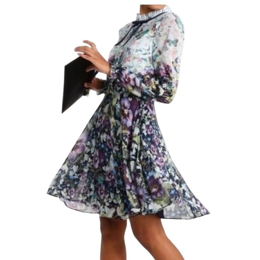 Ted Baker Floral Butterfly Chiffon Mini Dress Ruffle Neck Long Sleeve Multi US 8 - Picture 3 of 13